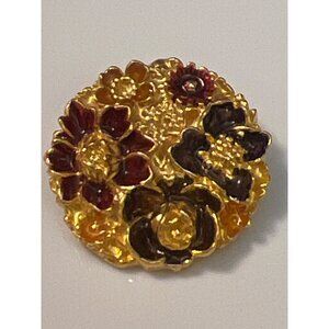 Vintage Mish Floral Gold Toned Flower Enamel Brooch Pin Pendant Round 1.25"